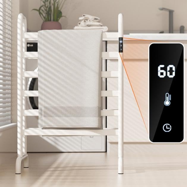 Handtuchheizkörper Elektrisch Handtuchhalter ohne Bohren 1-24h Timer, 45-60°C 180W Weiss Doppelstöck