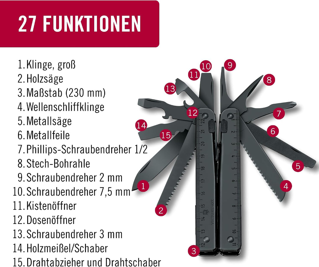 Victorinox Multifunktionstool, Swiss Tool BS mit Nylon-Gürteletui, Taschen Werkzeug, 27 Funktionen,