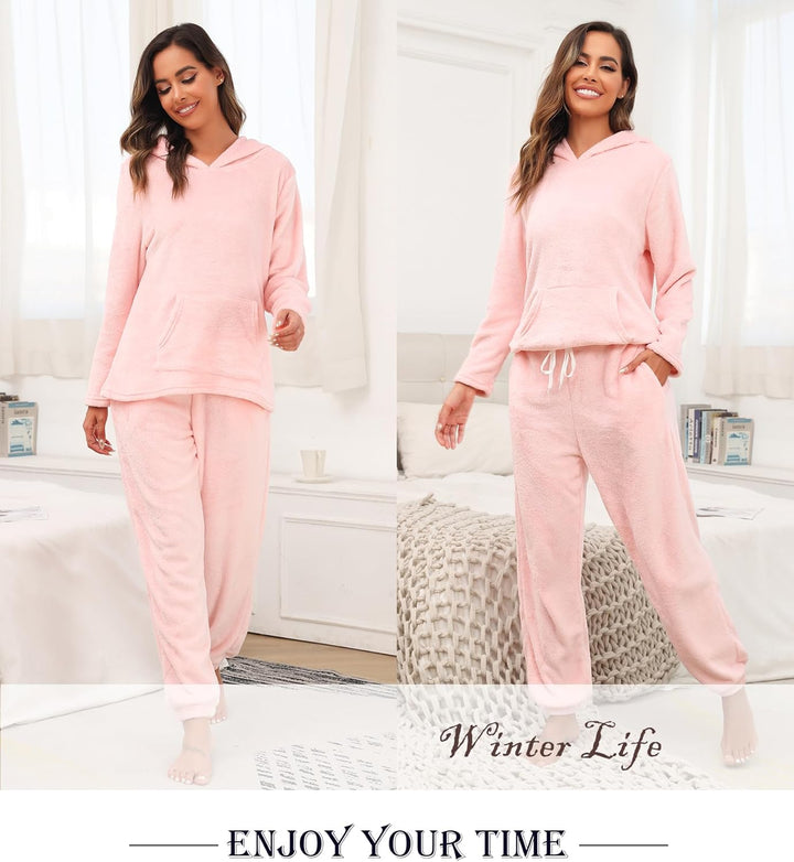 Lovasy Fleece Schlafanzug Damen Lang Winter Warmer Pyjama Set Flauschiger Frottee Schlafanzüge für D