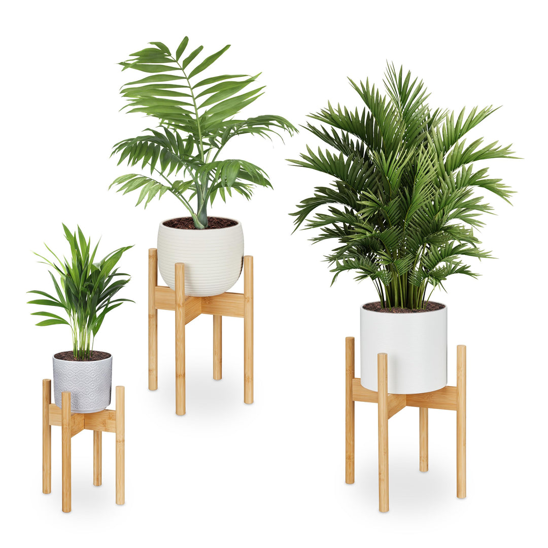 Relaxdays Pflanzenständer Bambus 3er Set, Übertopfständer innen, Blumentöpfe D 20/25/29 cm, Pflanzen