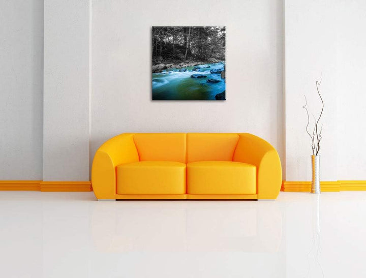 Pixxprint schöner Fluss im Wald mit Steinen schwarz/weiss, Format: 70x70 auf Leinwand, 70x70