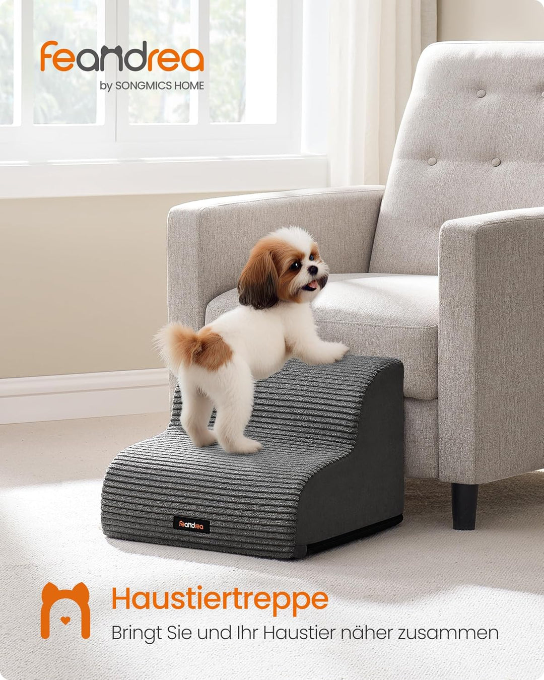 Feandrea Hundetreppe, 2 Stufen, Cord mit Querstreifen, Haustiertreppe, für Bett, Sofa, wasserdicht,