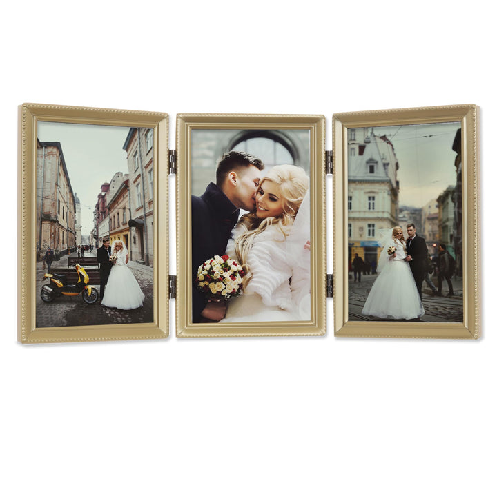 Lawrence Frames Dreifach-Bilderrahmen mit Scharnier, Messing, 10 x 15 cm, Perlenbordüre Goldfarben s