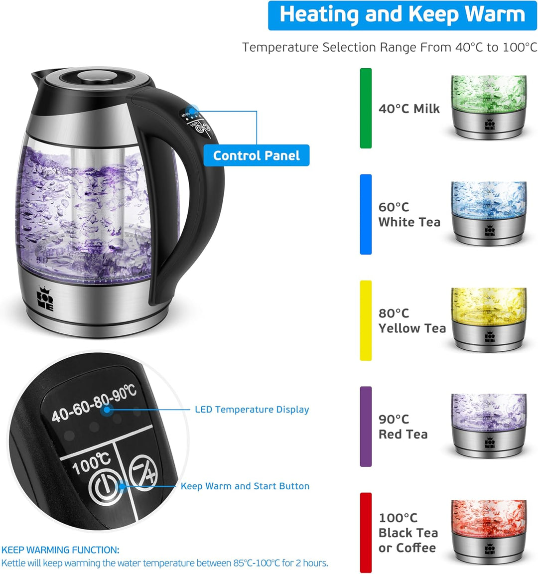 FOR ME Glas Elektrischer Wasserkocher mit Teesieb 1,8L, Temperatureinstellung, Temperaturwahl 40°C b