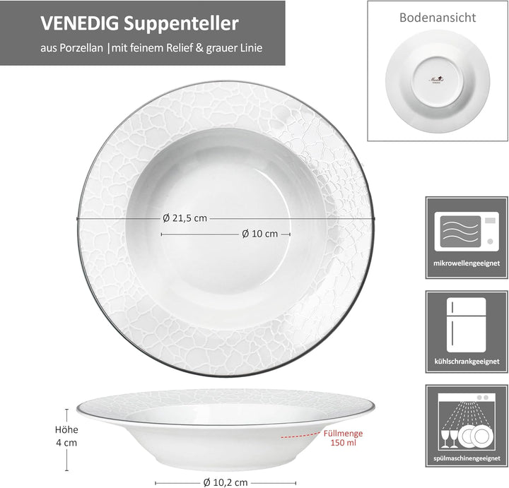 MamboCat 6er Set Venedig Suppenteller I 150ml, Ø21,5cm I weisses elegantes Porzellan Geschirr I 6 Pe