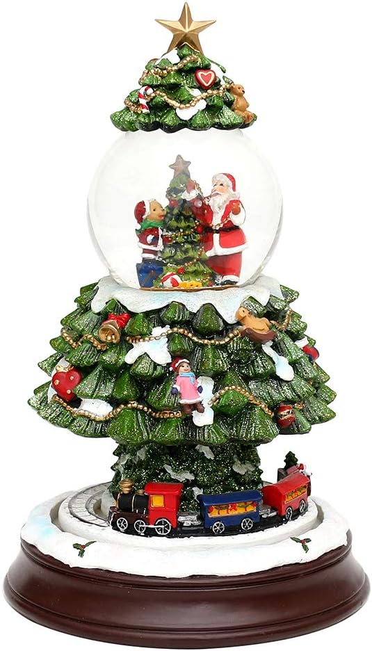 Dekohelden24 XXL Schneekugel, Weihnachtsbaum mit Eisenbahn und Schneewirbel, L/H/B 17 x 17 x 27,5 cm