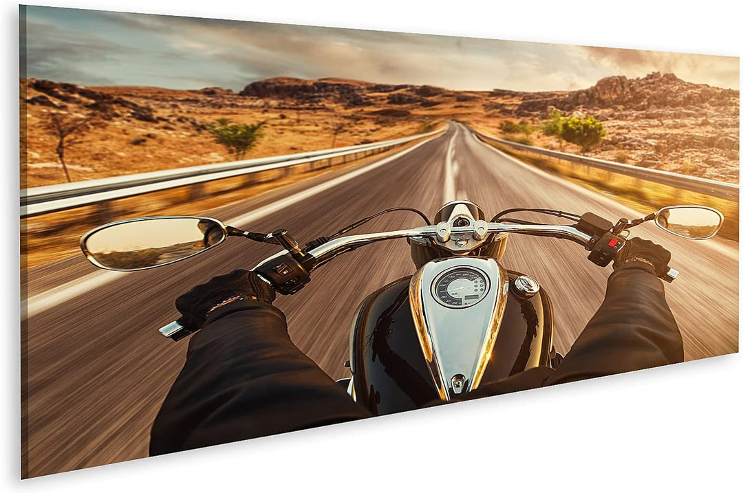 islandburner Bild auf Leinwand Motorrad Fahrer auf einsamen US Highway im Sonnenuntergang Bilder Wan