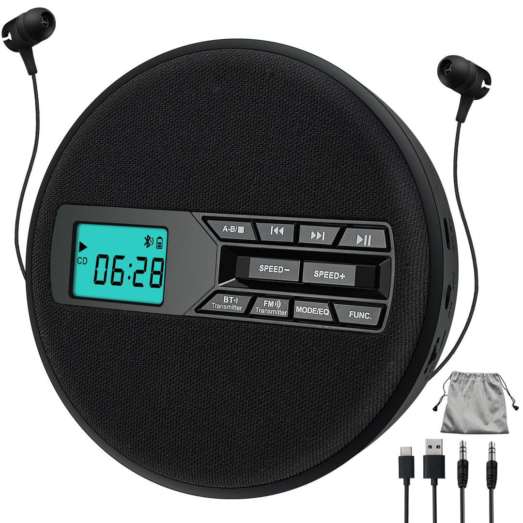 Tragbarer CD-Player mit Dual-Lautsprechern | Antischock, USB/AUX, LCD-Display | 5 EQ-Modi, A-B Repea