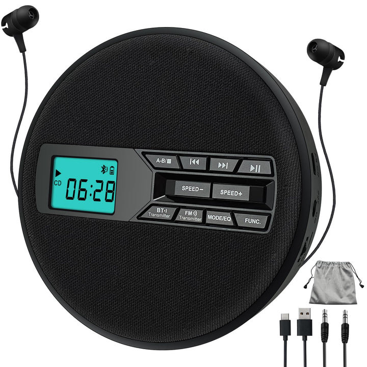 Tragbarer CD-Player mit Dual-Lautsprechern | Antischock, USB/AUX, LCD-Display | 5 EQ-Modi, A-B Repea