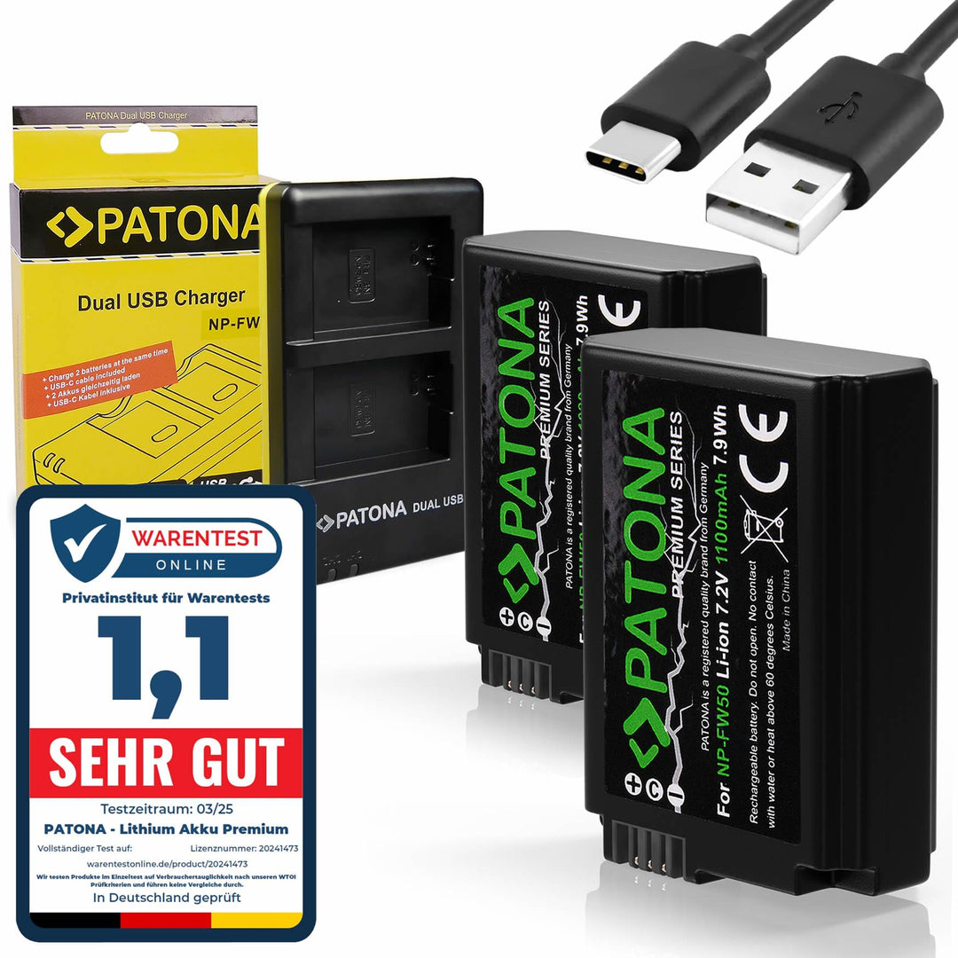 PATONA Premium NP-FW50 2X (1030mAh) - mit USB Dual Ladegerät 1964 - ZV-E10 - DSC RX10 - Alpha 6100 6