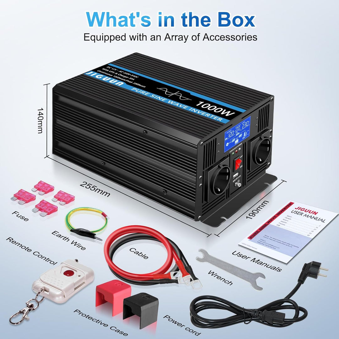 JIGUUN 1000W 2000W Wechselrichter Reiner Sinus Spannungswandler 12v 230v Mit 30A-Ladegerät und Netzv