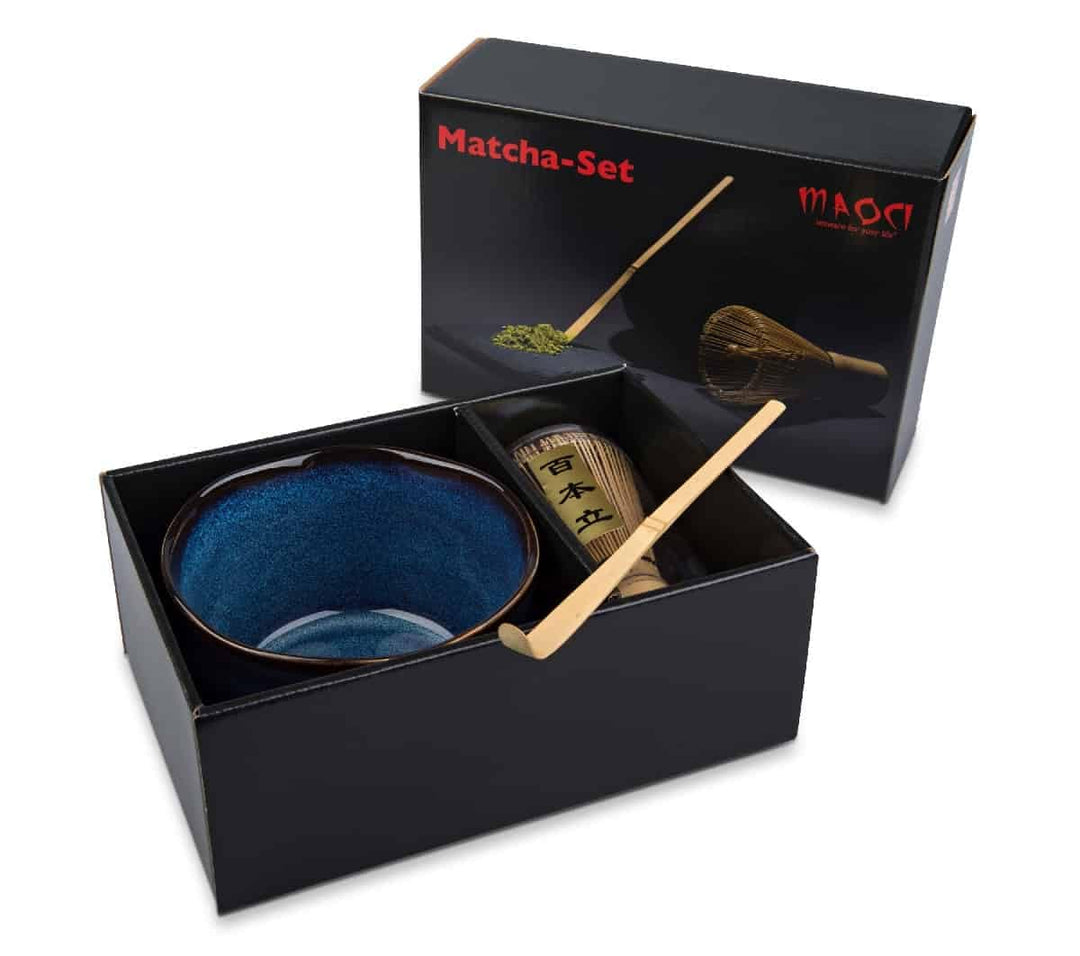 MAOCI Matcha Tee Set dreiteilig (blau) mit Matchaschale, Matchabesen und Matchalöffel - Geschenkkart