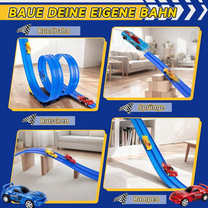 Charmofun Autorennbahn für Kinder 5M, Flexible Rennbahn Kinder mit 4 Autos, Aufbewahrungstasche, Kat