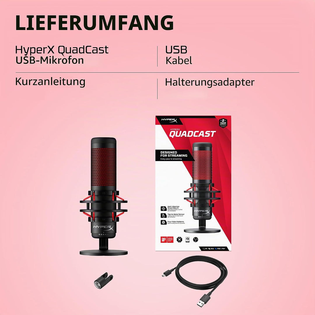 HyperX QuadCast – Standalone USB Mikrofon mit umfangreichen Funktionen für Streamer Gamer, Schwarz Q