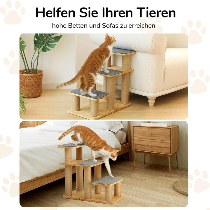 FUKUMARU Hundetreppe, 3 Stufen Haustiertreppe, Katzentreppe aus Kiefernholz und Jute，18-51cm einstel
