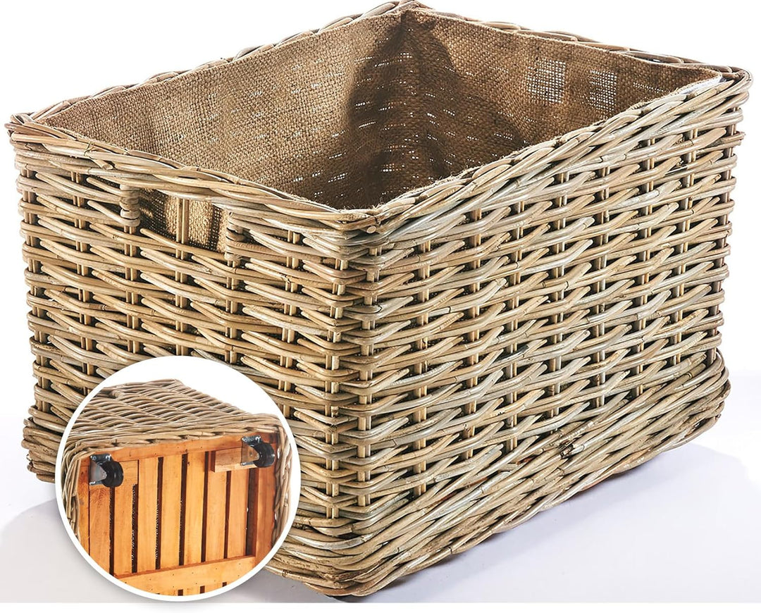 Kobolo Kaminholzwagen mit Rollen Holzkorb für Kaminholz - Rattan - mit Innenfutter aus Leinen