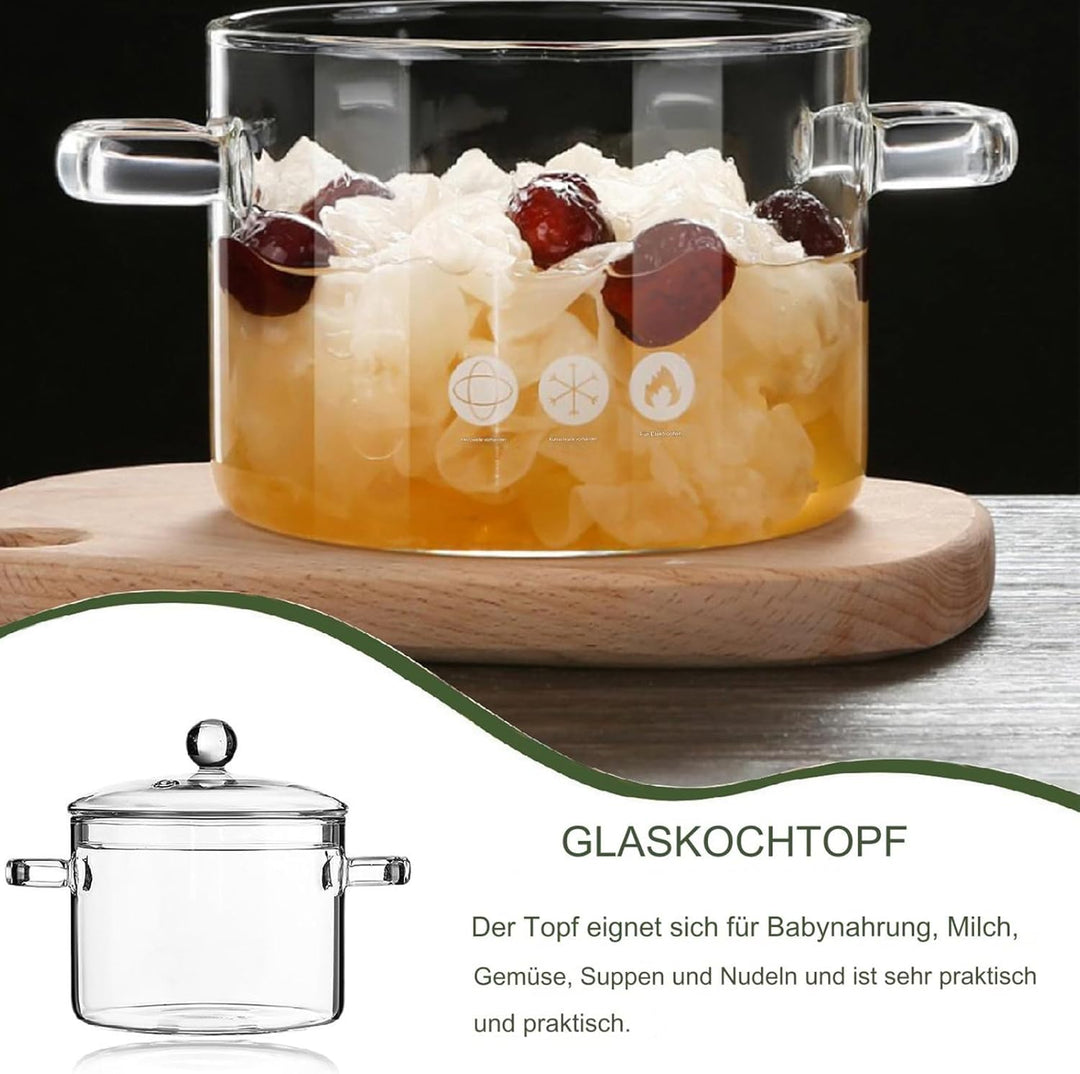 AnaTI Glastopf Kochtopf, 1400ML Suppentopf mit Deckel zum Kochen, Hochtemperaturbeständiger Transpar