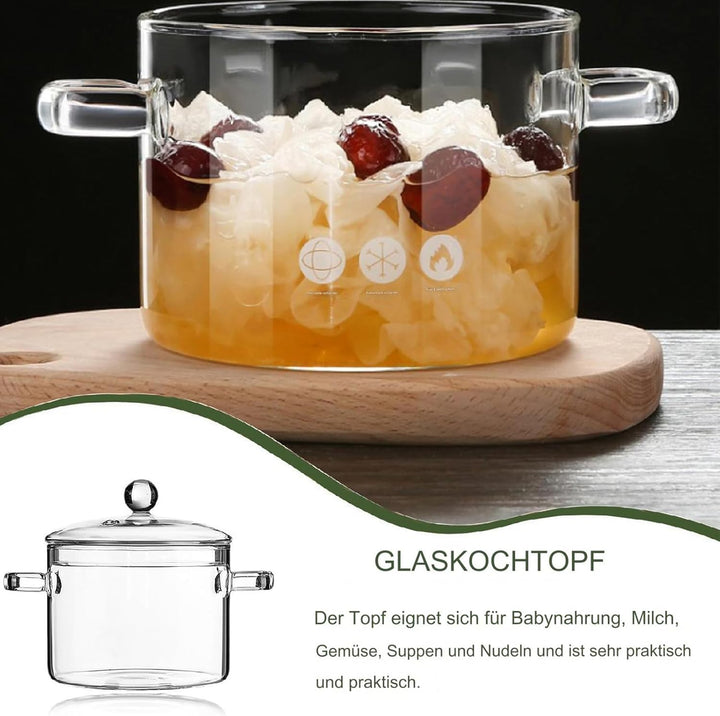 AnaTI Glastopf Kochtopf, 1400ML Suppentopf mit Deckel zum Kochen, Hochtemperaturbeständiger Transpar