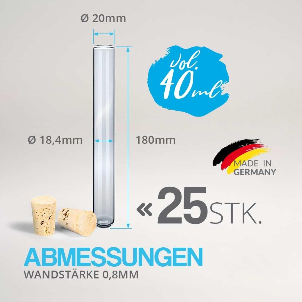 Tuuters Glas Reagenzglas mit Korken 25 Stück (180 x ø 20 mm) Gewürzgläser | Reagenzgläser für Blumen