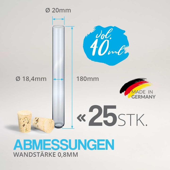 Tuuters Glas Reagenzglas mit Korken 25 Stück (180 x ø 20 mm) Gewürzgläser | Reagenzgläser für Blumen