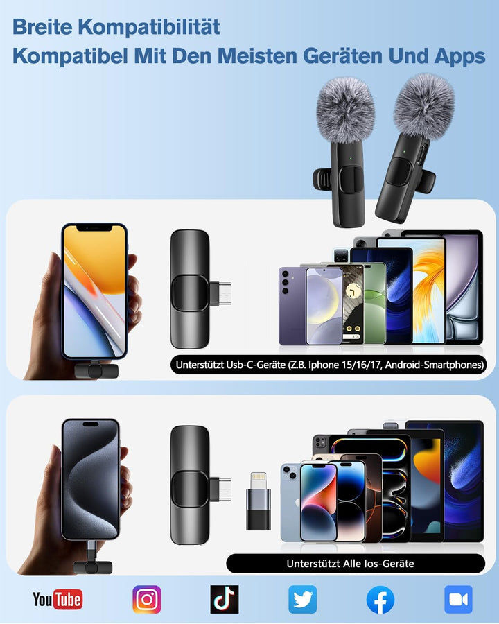 Kabelloses Lavalier Mikrofon für iPhone/iPad/Android (2er-Pack), Mini Mic mit Lightning &amp; USB-C, Ger