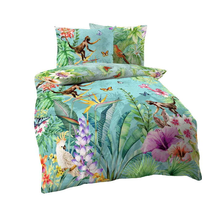 Kaeppel Mako Satin Digitaldruck Bettwäsche 2 TLG. Äffchen Dschungel Kakadu Schmetterling Bunt Urwald