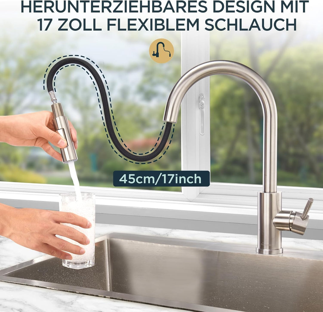FORIOUS Wasserhahn Küche, Hoher Bogen Küchenarmatur mit Herausziehbarer Brause Ausziehbar Armatur, M