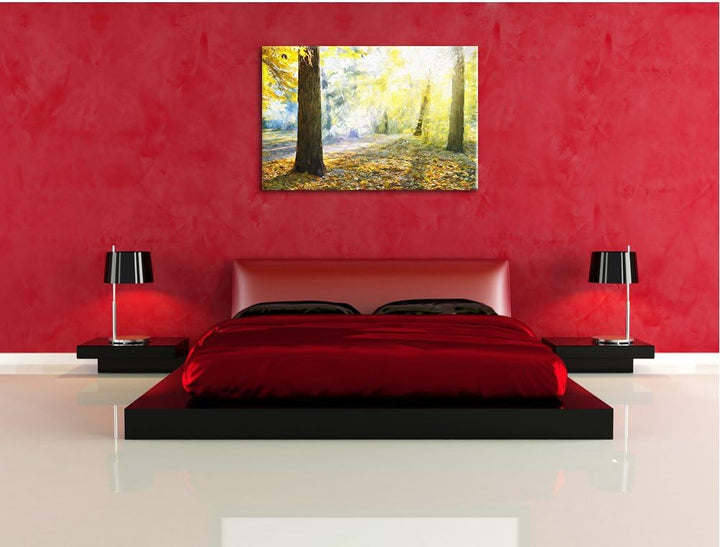 Pixxprint Sonnenstrahlen im Wald als Leinwandbild/Grösse: 100x70 / Wandbild/Kunstdruck/fertig bespan