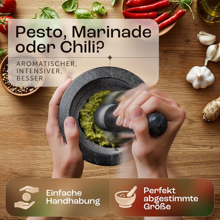 madeco Mörser mit Stössel Granit auf Holzsockel Eiche Ø 14,5 cm - Perfekt geeignet für Gewürze, Kräu