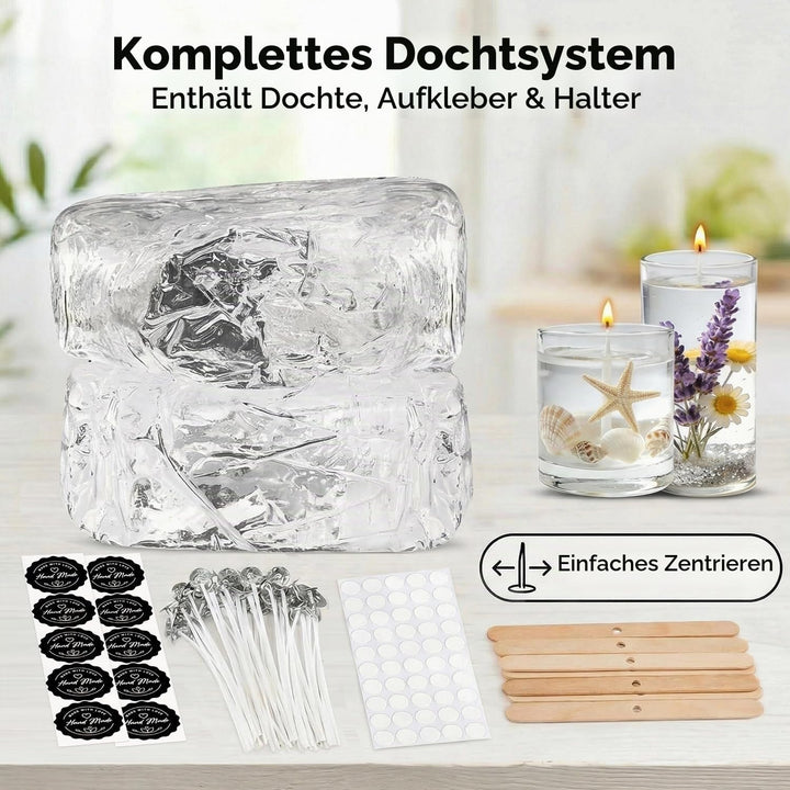 LumaCraft Klares Gelwachs zur Kerzenherstellung – 1000g Transparentes Jelly Wachs mit 50 Dochten, 50