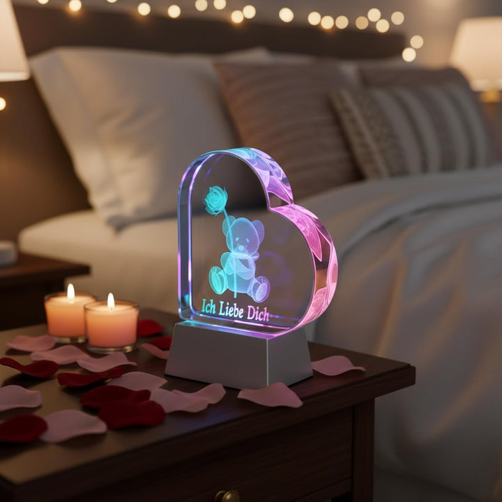 Kaltner Präsente Geschenkidee – Herz aus Glas: Kristallglas mit 3D-Laser-Gravur Teddy Rose/Ich Liebe