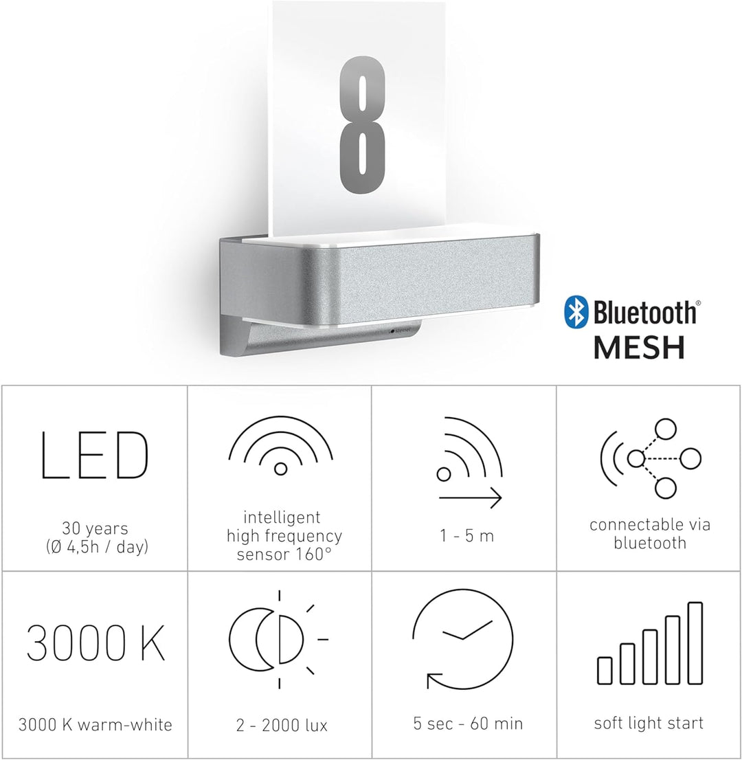 Steinel Aussenleuchte L 820 SC Silber, Hausnummer beleuchtet, smarte LED Hausnummernleuchte, Bewegun