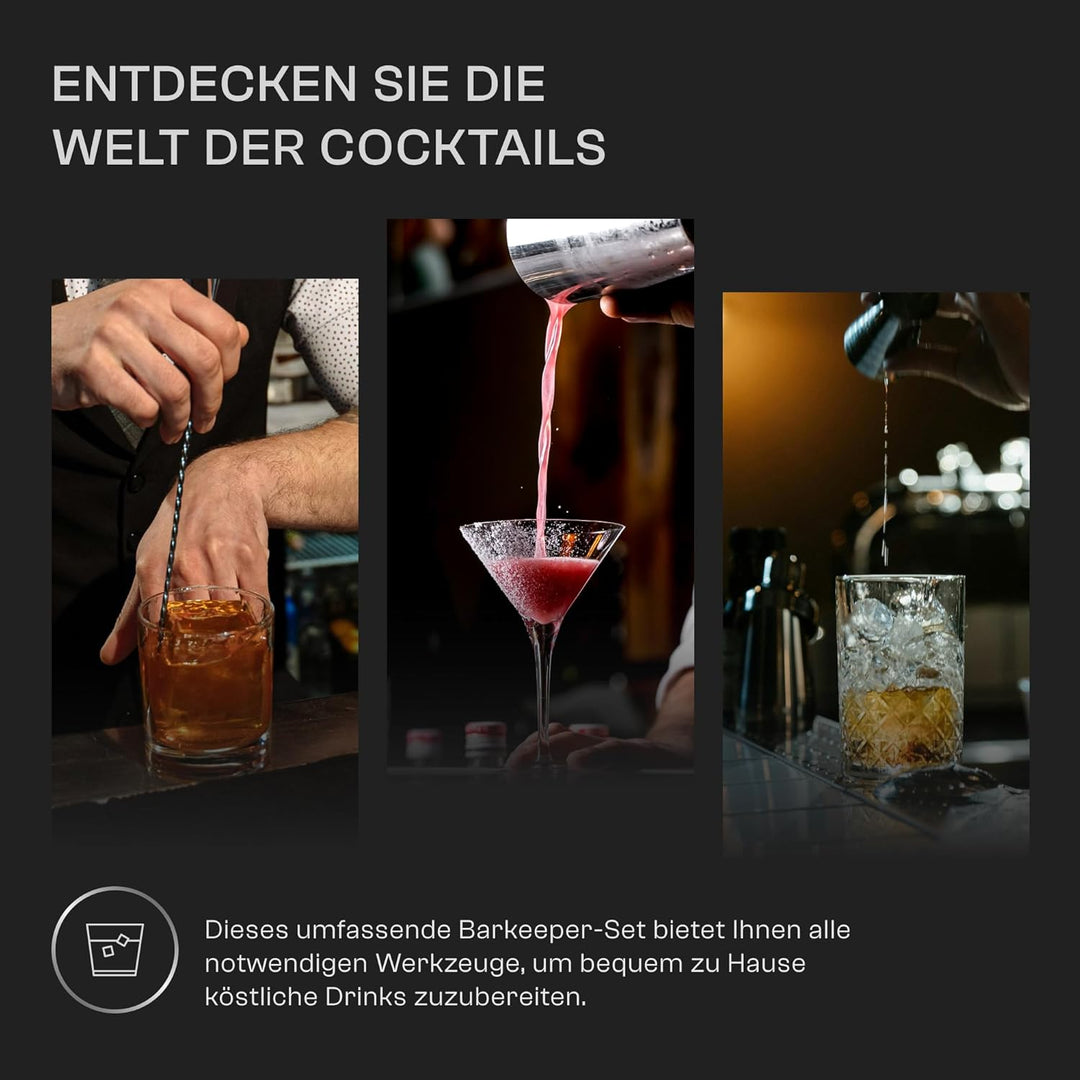 Whiskey Rocks 12-er Cocktail Shaker Set mit Bambusständer - Cocktail & Bar Zubehör - Paris Shaker 75