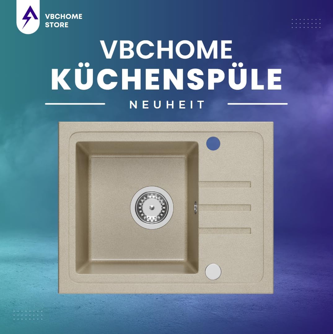 VBChome Spülbecken Granit Beige mit Armatur 55 x 44 cm Einzelbecken Einbauspüle Gesprenkelt Reversib