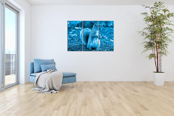 deyoli niedliches Eichhörnchen im Park Format 120x80 3Teilig Effekt: Monocrome Blau als Leinwandbild