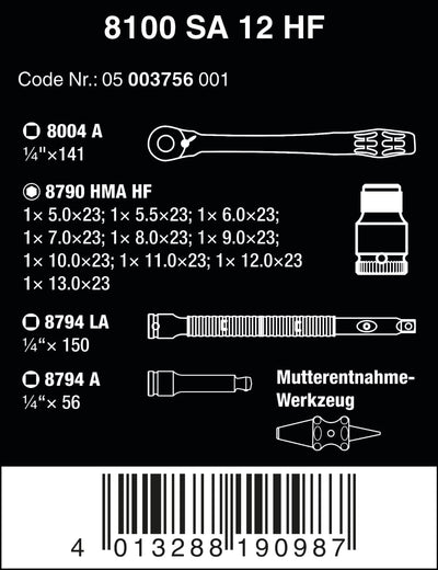 Wera 05003756001 8100 SA 12 HF Zyklop Metal-Knarrensatz, Umschalthebel, 13-teilig, 1/4 Zoll