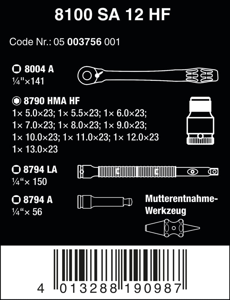 Wera 05003756001 8100 SA 12 HF Zyklop Metal-Knarrensatz, Umschalthebel, 13-teilig, 1/4 Zoll