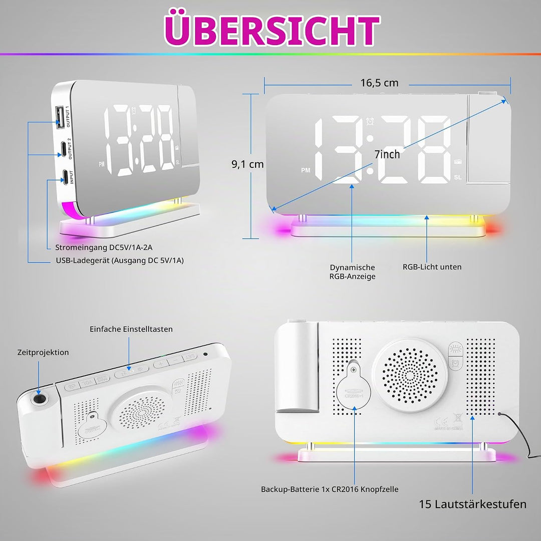 Lancoon Digitaler Wecker mit 180° Projektion Funkuhr 11 RGB Farbdisplay 10 Farben Nachtlicht 15 Stuf