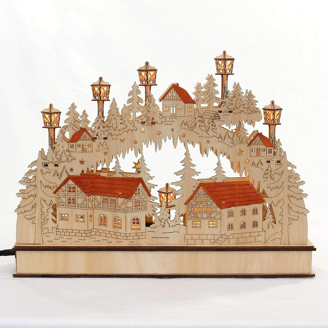 Dekohelden24 LED Holz Schwibbogen mit bewegtem Weihnachtsbaum, Motiv: Schneemann und Wanderfiguren,