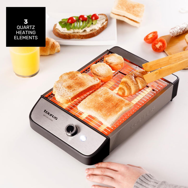 Taurus – Flachtoaster Neptuno Legend 1000W | 25x20cm Toastfläche | 3 Quarz-Heizelemente | Akustische