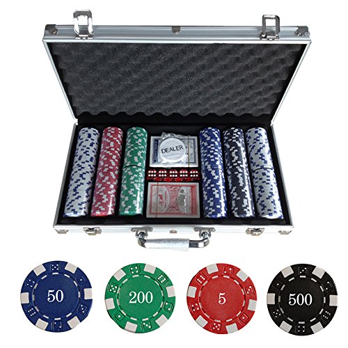 Pokerkoffer 300 Chips Poker-Chips Set mit Würfeln, 2 Kartendecks, 5 Würfel, Händler, Pokerset mit Al