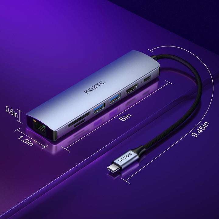 USB C Hub HDMI Ethernet, KOZYC 7 in 1 USB C Hub HDMI 4K @ 60Hz, 1Gbps Ethernet, 100W PD Charging, 2
