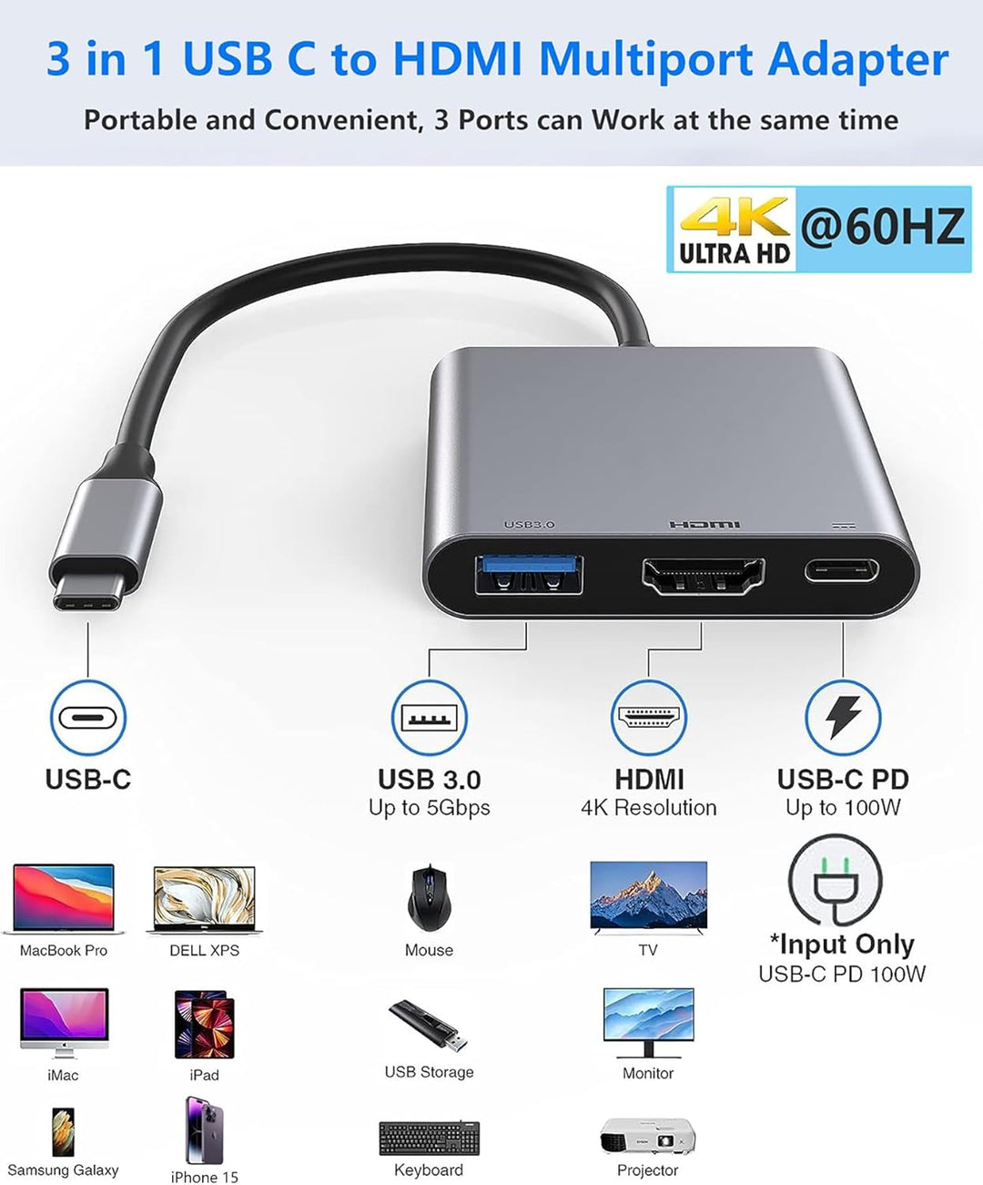 Apple USB C auf HDMI Multiport Adapter 4K @ 60Hz für iPhone 15/16, MFi Digital AV Hub mit USB 3.0, 1