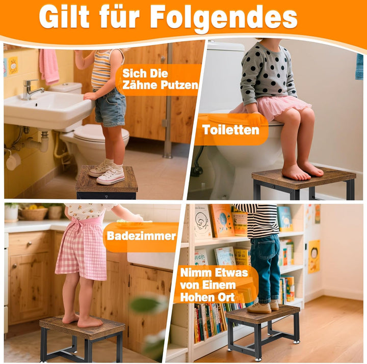 Tritthocker Kinder Stufen, Schwere Metallrahmen und Stabiler Hölz Fusshocker Verdickter Unterbalken