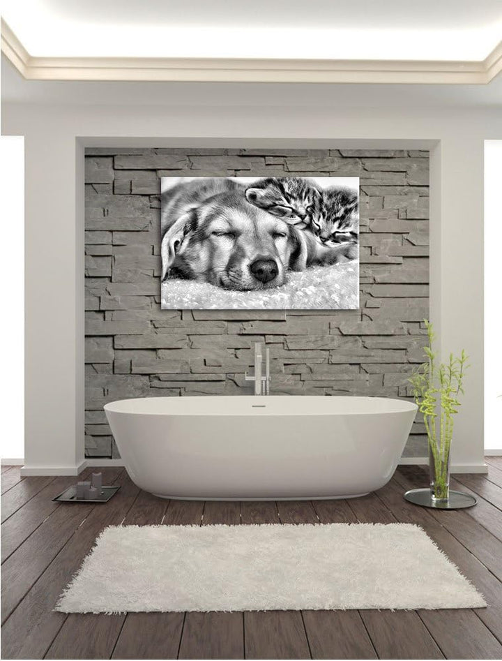 Pixxprint Monocrome, Kätzchen und Hund schmusend, Format: 100x70 auf Leinwand, riesige Bilder fertig