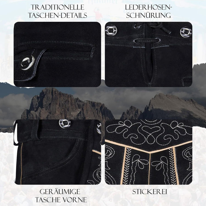 Premium Lederhose für Herren - Elegante Trachtenhose Gr.46-60 - Kurze Trachten Lederhose mit Träger