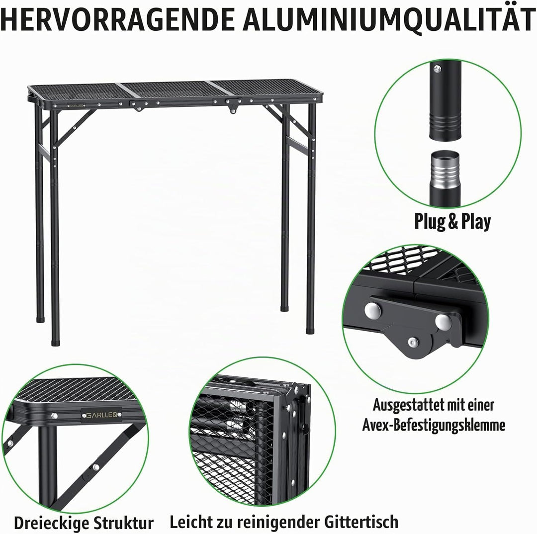 GARLLEN Grilltisch klappbar, 90x40cm &amp; 3 Höhenverstellbar(27/51/75cm), Leicht und Tragbar, Klapptisc