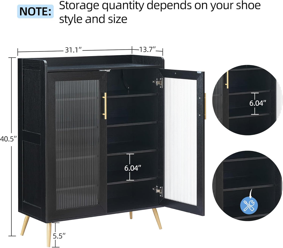 Grosser Schuhschrank Mit 2 Geriffelten Glas-Türen, 5 Ablagen, Moderner Freistehender Schuhschrank Au