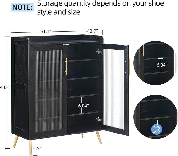 Grosser Schuhschrank Mit 2 Geriffelten Glas-Türen, 5 Ablagen, Moderner Freistehender Schuhschrank Au