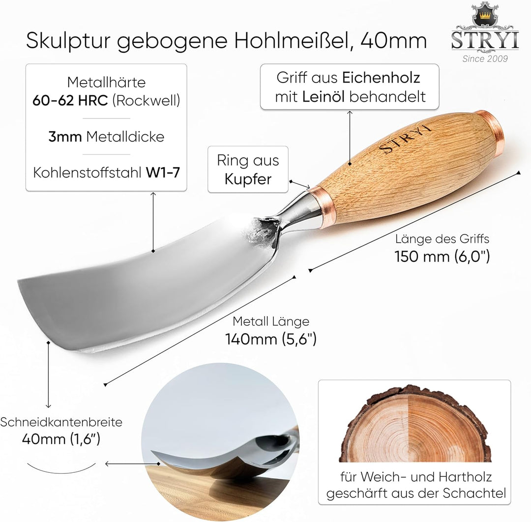 STRYI Profi Grosser gebogener Hohleisen – Profil 7 – Handgeschmiedetes Werkzeug für tiefe Holzschnit